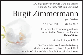 Traueranzeige von Birgit Zimmermann von Super Sonntag SGH Mansf. Land
