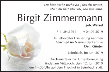 Traueranzeige von Birgit Zimmermann von Mitteldeutsche Zeitung Mansfelder Land