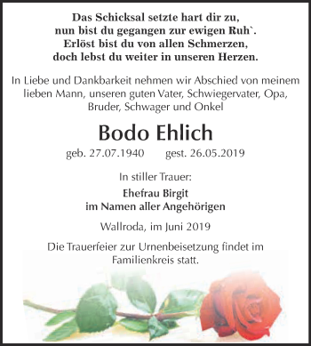 Traueranzeige von Bodo Ehlich von WVG - Wochenspiegel NMB / WSF / ZTZ