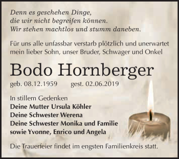 Traueranzeige von Bodo Hornberger von WVG - Wochenspiegel NMB / WSF / ZTZ