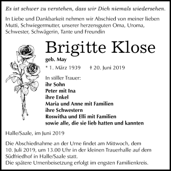 Traueranzeige von Brigitte Klose von Mitteldeutsche Zeitung Halle/Saalkreis