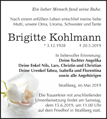 Traueranzeige von Brigitte Kohlmann von Mitteldeutsche Zeitung