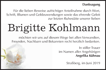 Traueranzeige von Brigitte Kohlmann von WVG - Wochenspiegel Quedlinburg