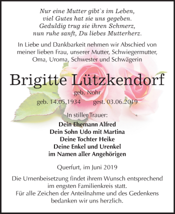 Traueranzeige von Brigitte Lützkendorf von Mitteldeutsche Zeitung Merseburg/Querfurt