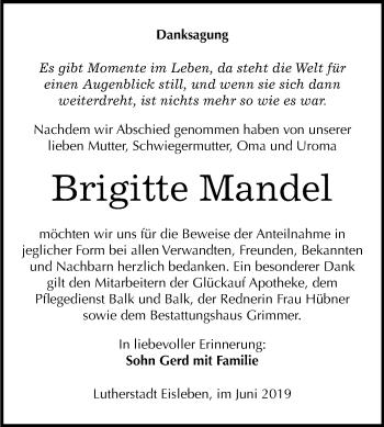 Traueranzeige von Brigitte Mandel von Mitteldeutsche Zeitung