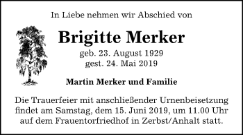 Traueranzeige von Brigitte Merker von Mitteldeutsche Zeitung Weißenfels