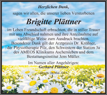Traueranzeige von Brigitte Plättner von Mitteldeutsche Zeitung Aschersleben