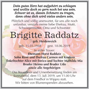 Traueranzeige von Brigitte Raddatz von Super Sonntag SGH Mansf. Land