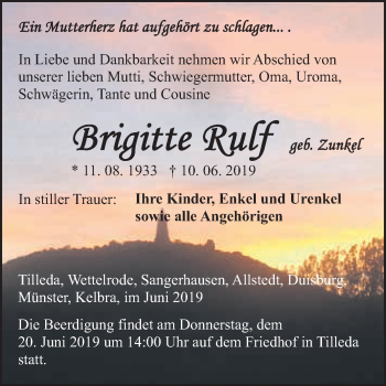 Traueranzeige von Brigitte Rulf von Super Sonntag SGH Mansf. Land