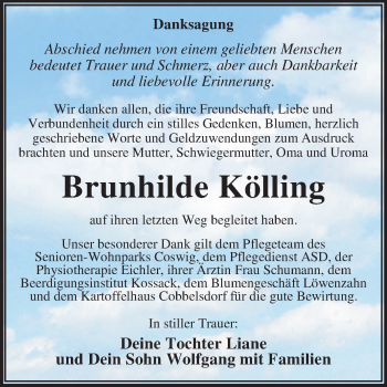 Traueranzeige von Brunhilde Kölling von Mitteldeutsche Zeitung