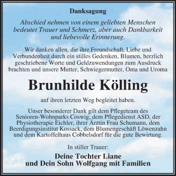 Traueranzeige von Brunhilde Kölling von WVG - Wochenspiegel Dessau / Köthen