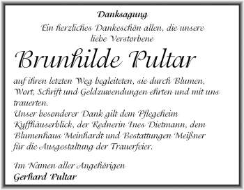 Traueranzeige von Brunhilde Pultar von Mitteldeutsche Zeitung Sangerhausen