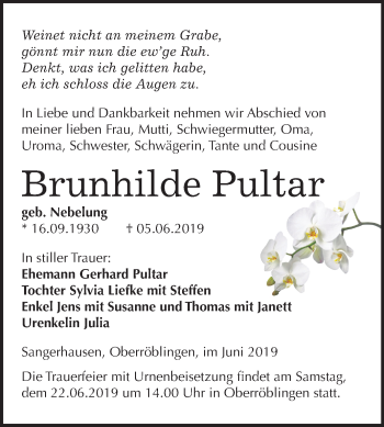 Traueranzeige von Brunhilde Pultar von Mitteldeutsche Zeitung Sangerhausen