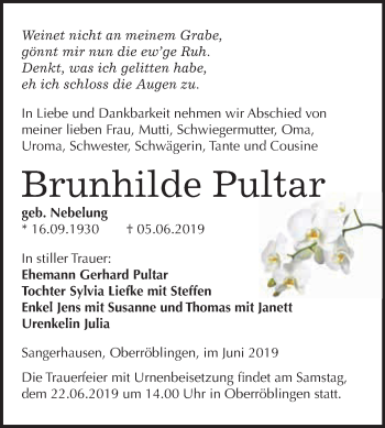 Traueranzeige von Brunhilde Pultar von Super Sonntag SGH Mansf. Land