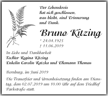 Traueranzeige von Bruno Kitzing von Mitteldeutsche Zeitung Bernburg
