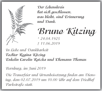 Traueranzeige von Bruno Kitzing von Super Sonntag Bernburg