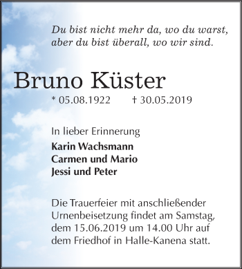 Traueranzeige von Bruno Küster von Mitteldeutsche Zeitung Halle/Saalkreis