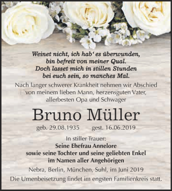 Traueranzeige von Bruno Müller von WVG - Wochenspiegel NMB / WSF / ZTZ