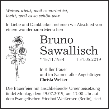 Traueranzeige von Bruno Sawallisch von Super Sonntag Wittenberg