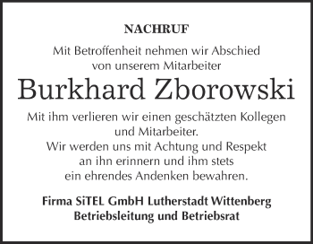 Traueranzeige von Burkhard Zborowski von Super Sonntag Dessau / Köthen