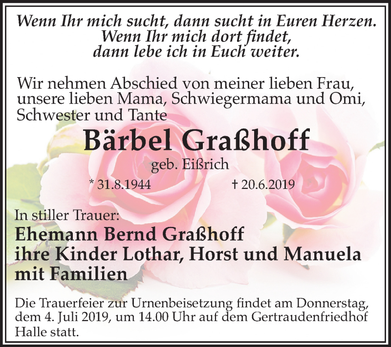  Traueranzeige für Bärbel Graßhoff vom 26.06.2019 aus Mitteldeutsche Zeitung Halle/Saalkreis