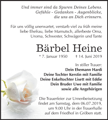 Traueranzeige von Bärbel Heine von Mitteldeutsche Zeitung Weißenfels