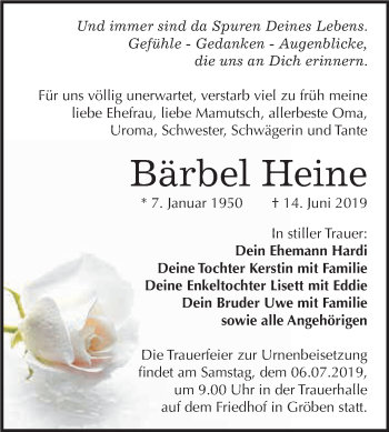 Traueranzeige von Bärbel Heine von WVG - Wochenspiegel NMB / WSF / ZTZ