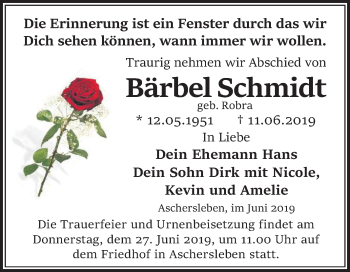 Traueranzeige von Bärbel Schmidt von Mitteldeutsche Zeitung Aschersleben