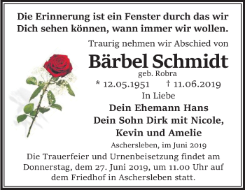Traueranzeige von Bärbel Schmidt von WVG - Wochenspiegel Quedlinburg