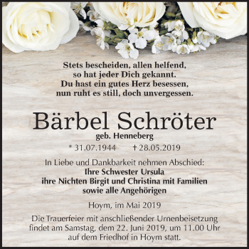 Traueranzeige von Bärbel Schröter von Mitteldeutsche Zeitung Aschersleben