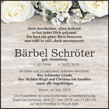 Traueranzeige von Bärbel Schröter von Super Sonntag Aschersleben