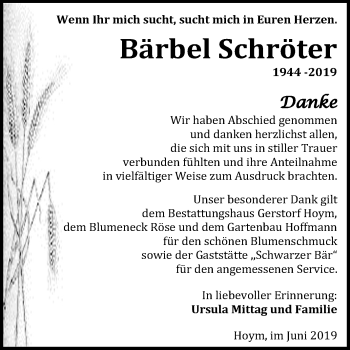 Traueranzeige von Bärbel Schröter von Mitteldeutsche Zeitung Aschersleben