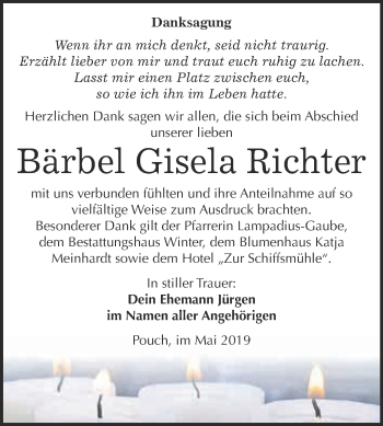 Traueranzeige von Bärbel Gisela Richter von WVG - Wochenspiegel Bitterfeld