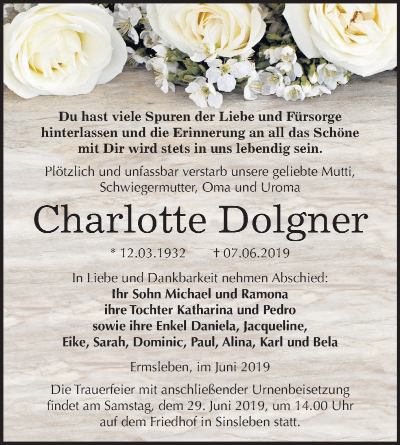  Traueranzeige für Charlotte Dolgner vom 15.06.2019 aus Mitteldeutsche Zeitung Quedlinburg