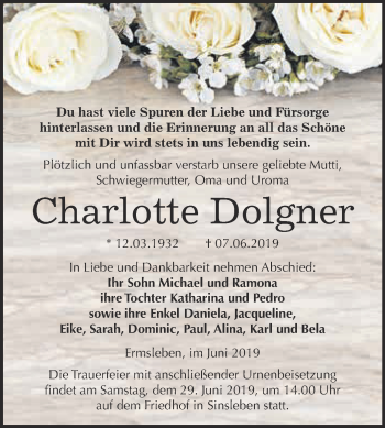 Traueranzeige von Charlotte Dolgner von Super Sonntag Aschersleben