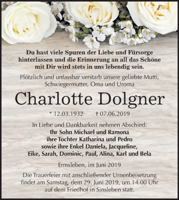 Traueranzeige von Charlotte Dolgner von Mitteldeutsche Zeitung Quedlinburg