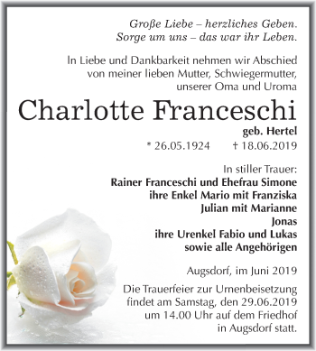 Traueranzeige von Charlotte Franceschi von Mitteldeutsche Zeitung