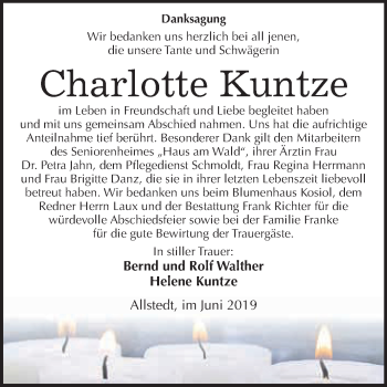 Traueranzeige von Charlotte Kuntze von Super Sonntag SGH Mansf. Land