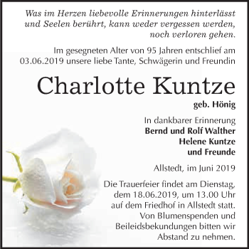 Traueranzeige von Charlotte Kuntze von Super Sonntag SGH Mansf. Land