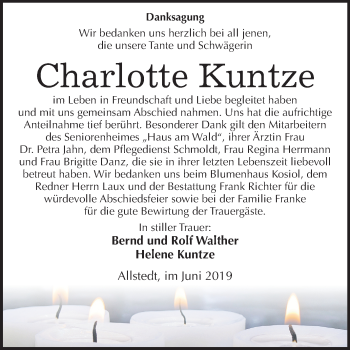 Traueranzeige von Charlotte Kuntze von Mitteldeutsche Zeitung Sangerhausen