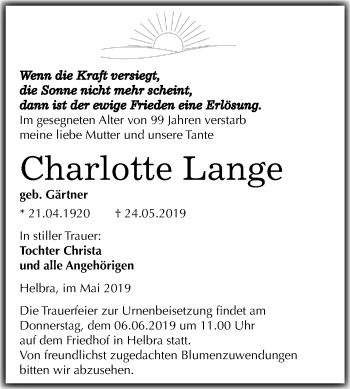 Traueranzeige von Charlotte Lange von Mitteldeutsche Zeitung
