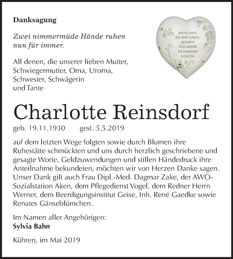  Traueranzeige für Charlotte Reinsdorf vom 01.06.2019 aus Mitteldeutsche Zeitung Köthen