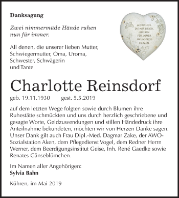 Traueranzeige von Charlotte Reinsdorf von Mitteldeutsche Zeitung Köthen