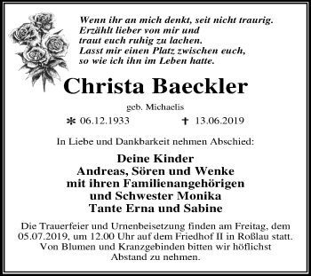 Traueranzeige von Christa Baeckler von Mitteldeutsche Zeitung Dessau-Roßlau