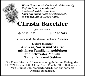 Traueranzeige von Christa Baeckler von WVG - Wochenspiegel Dessau / Köthen