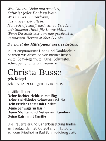 Traueranzeige von Christa Busse von WVG - Wochenspiegel Wittenberg
