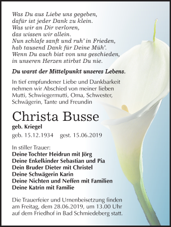 Traueranzeige von Christa Busse von Mitteldeutsche Zeitung