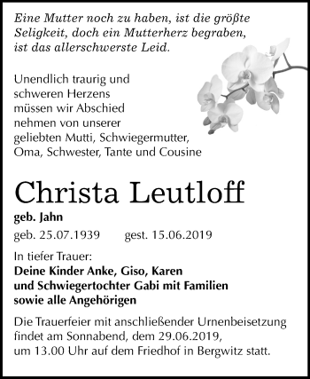 Traueranzeige von Christa Leutloff von Mitteldeutsche Zeitung