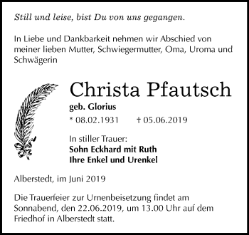 Traueranzeige von Christa Pfautsch von Mitteldeutsche Zeitung Merseburg/Querfurt