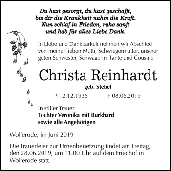 Traueranzeige von Christa Reinhardt von Super Sonntag SGH Mansf. Land